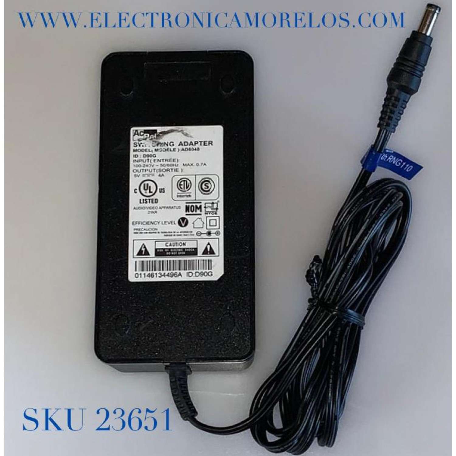 ADAPTADOR ACBEL VCA / NUMERO DE PARTE AD8048 / MODELO AD8048 / ID:D90G / ENTRADA VCA 100-240V～50-60Hz-.7A / SALIDA VCD 5V 4A
